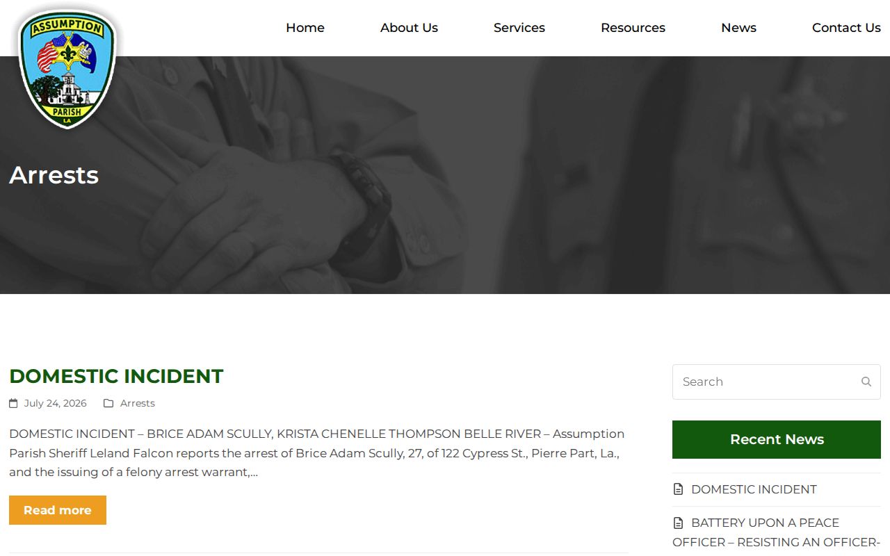 Official Assumption Parish Sheriff dated arrest archive and search box