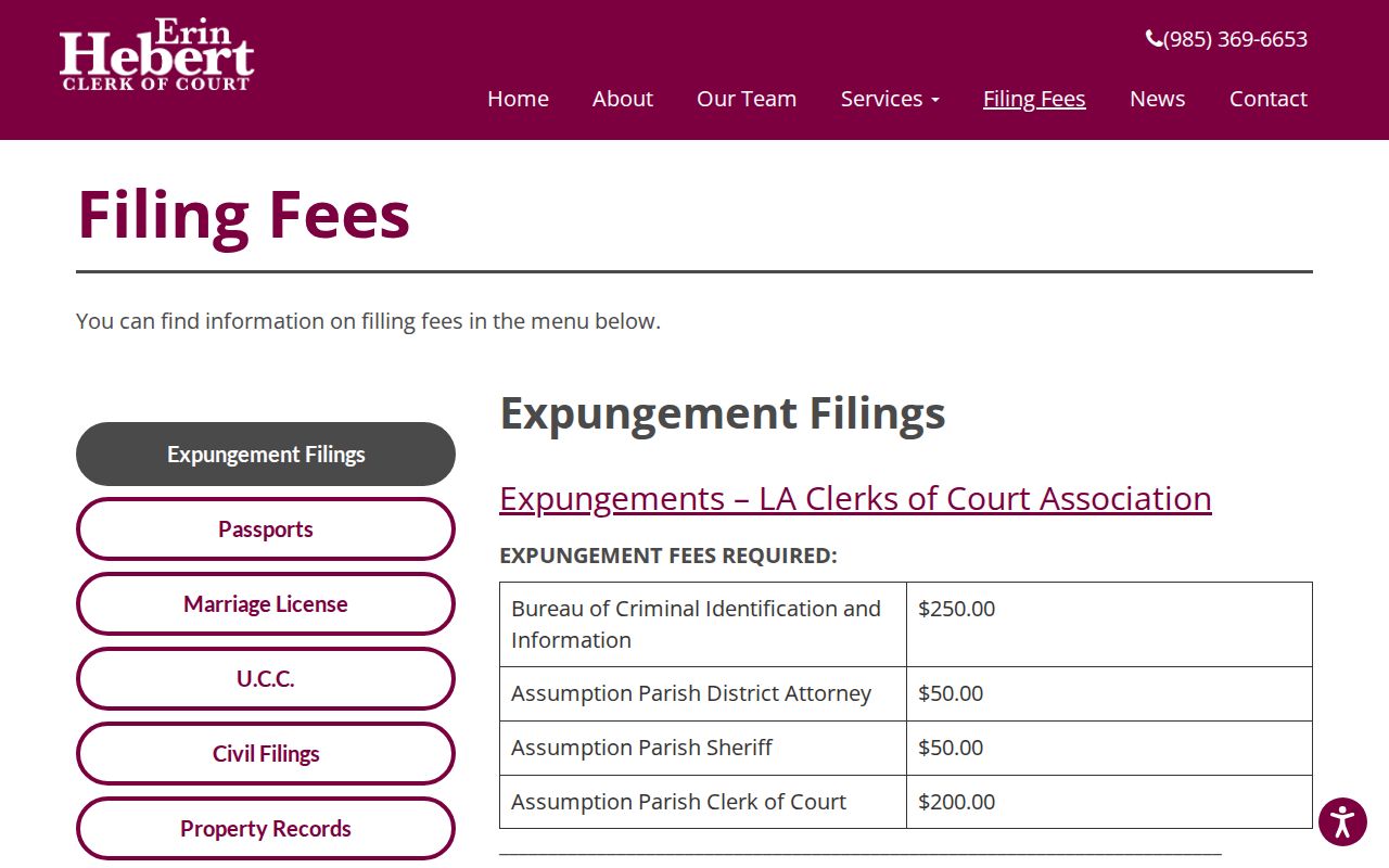 Assumption Parish criminal court case expungement filing information