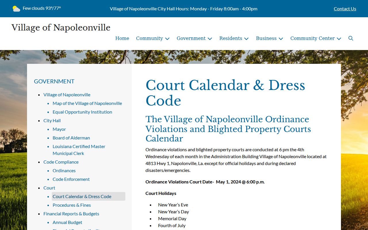 Napoleonville criminal records Mayor's Court calendar and rules